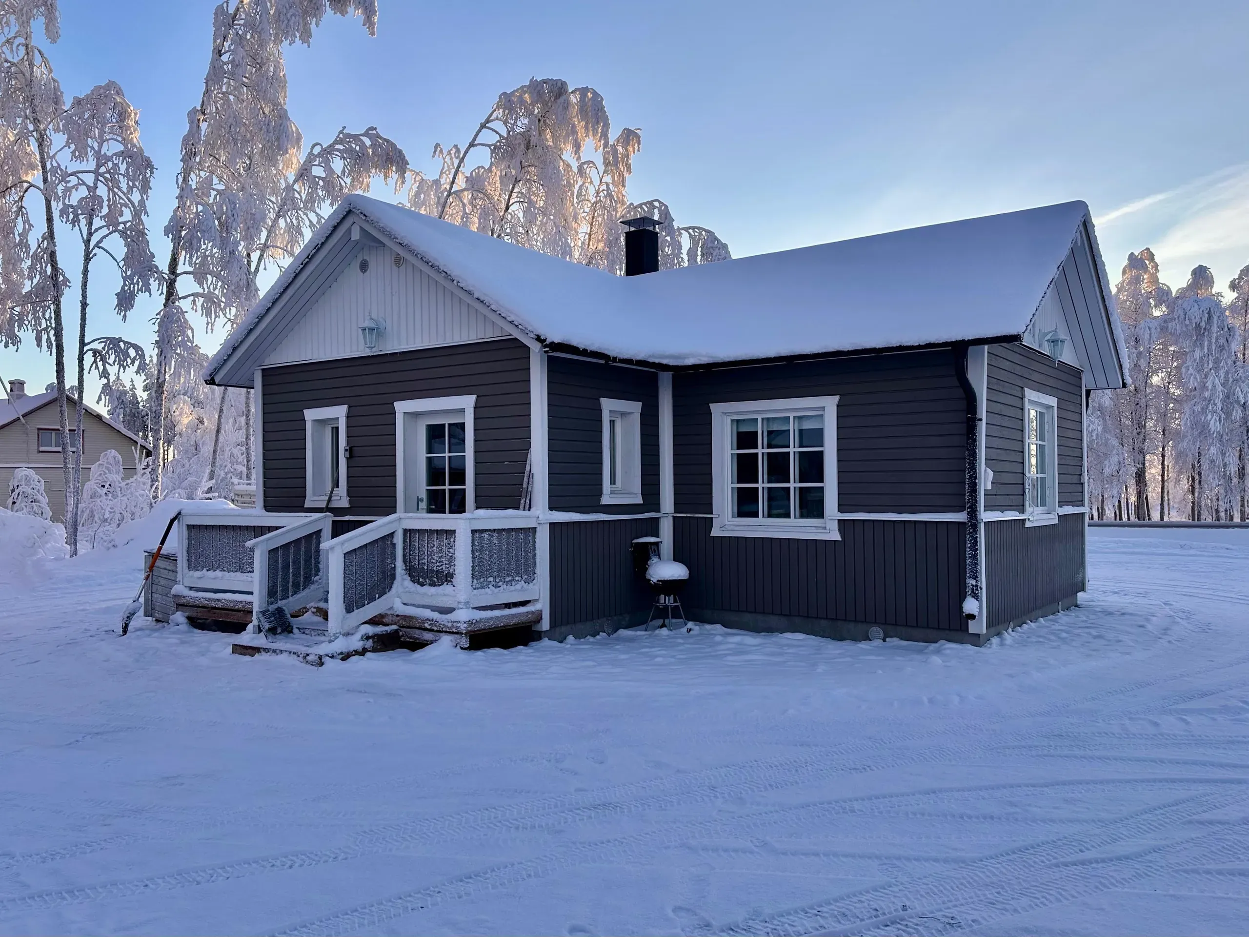 Lepolan hirsimökki lumisten koivujen keskellä sinisellä hetkellä