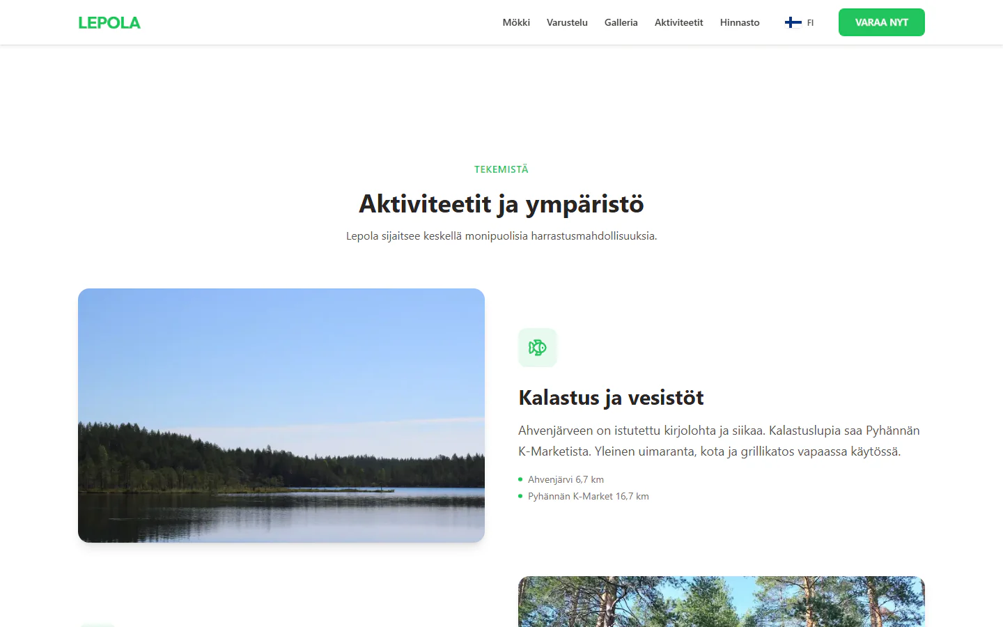 Aktiviteetit-osio: kalastus Ahvenjärvellä