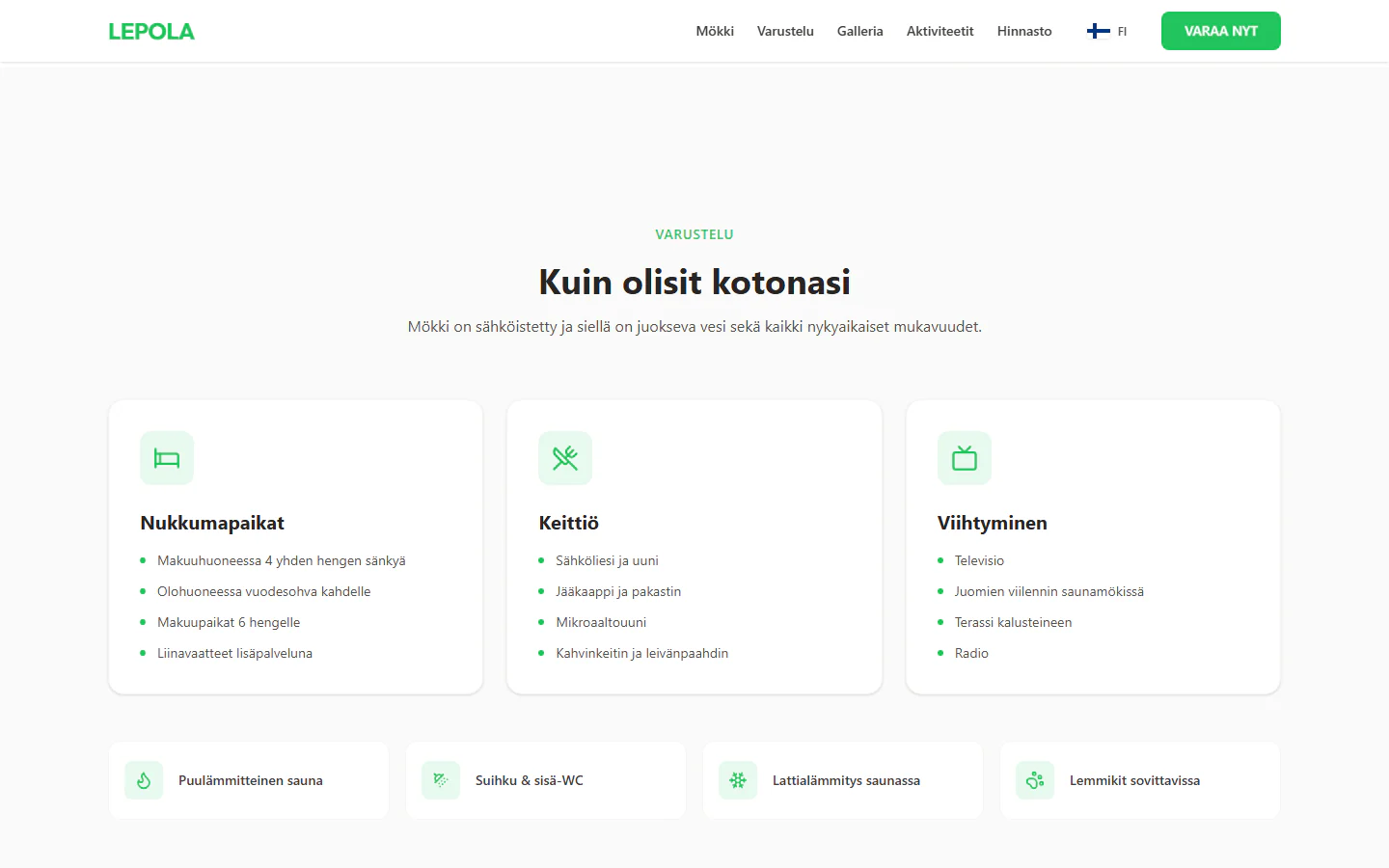 Varustelu-osio: nukkumapaikat, keittiö ja viihtyminen