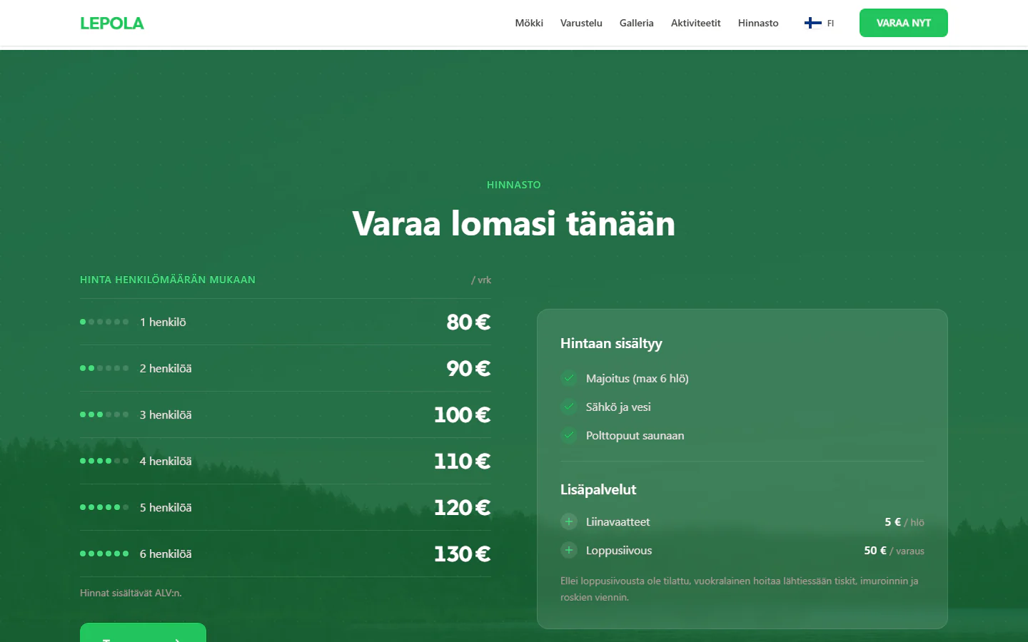 Hinnasto henkilömäärän mukaan ja lisäpalvelut