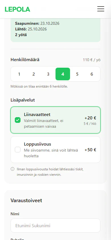 Lisäpalvelut ja varauslomake puhelimella