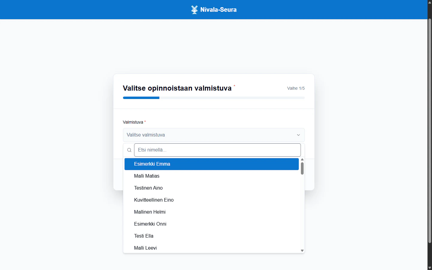 Vaihe 1: haettava lista valmistuvista, esimerkkinimet